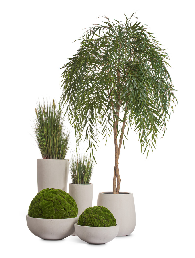 Сет № 43 - Композиция с Ивой и Шарами из Мха в кашпо Treez Effectory Beton Белый песок фото