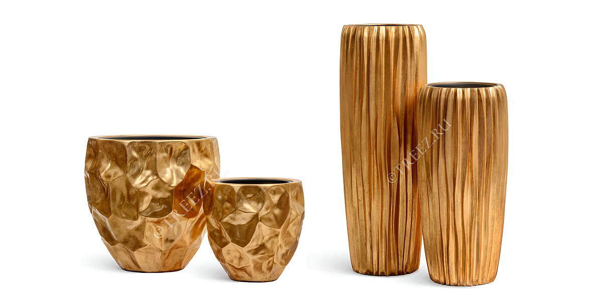 Кашпо TREEZ Effectory - Metal - Округлая чаша Design Crumple и Высокий конус Design Wave - Сусальное золото фото
